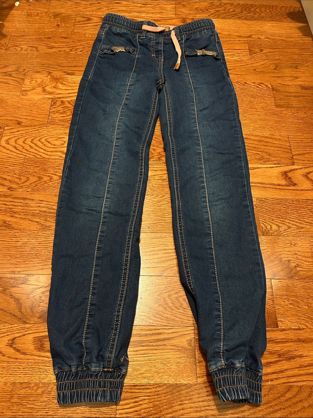 Girls Dark Blue Jogger Jeans - Elastic Waist & Cuffed Ankles